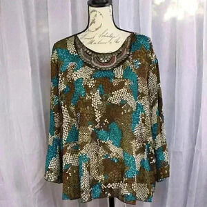 Signature by Larry Levine brown/blue embellished front 3/4 sleeve top size XL